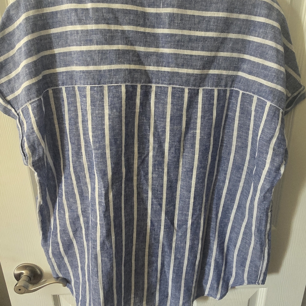 Blue and White Striped Linen Short Sleeve Top - Picture 6 of 6